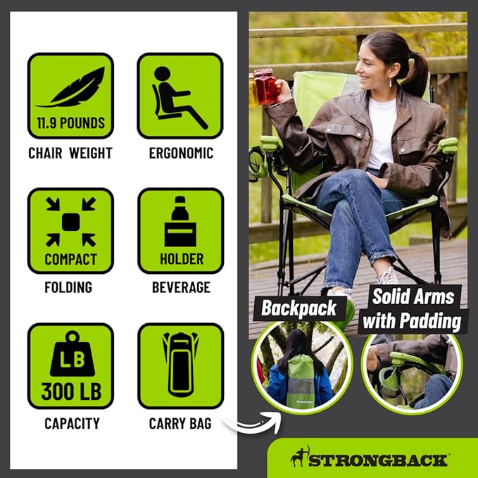 STRONGBACK Elite Folding Camping Lawn Lounge Chair Heavy Duty Camp Outdoor Seat with Lumbar Support and Portable Carry Bag - Navy/Grey