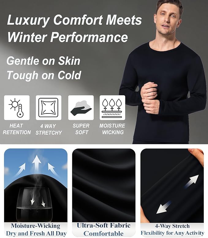 2 Pack Thermal Underwear Long Johns for Men Fleece Lined Base Layer Tops and Bottoms Set Cold Weather Winter Gear