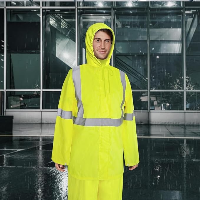High Visibility Rain Coat, High Vis Rain Suit for Men, Waterproof Rain Jacket with Hood, Class 3 Lightweight Hi Vis Rain Gear for Outdoor Activities& Safety Work, Men Women, Yellow T, S-M