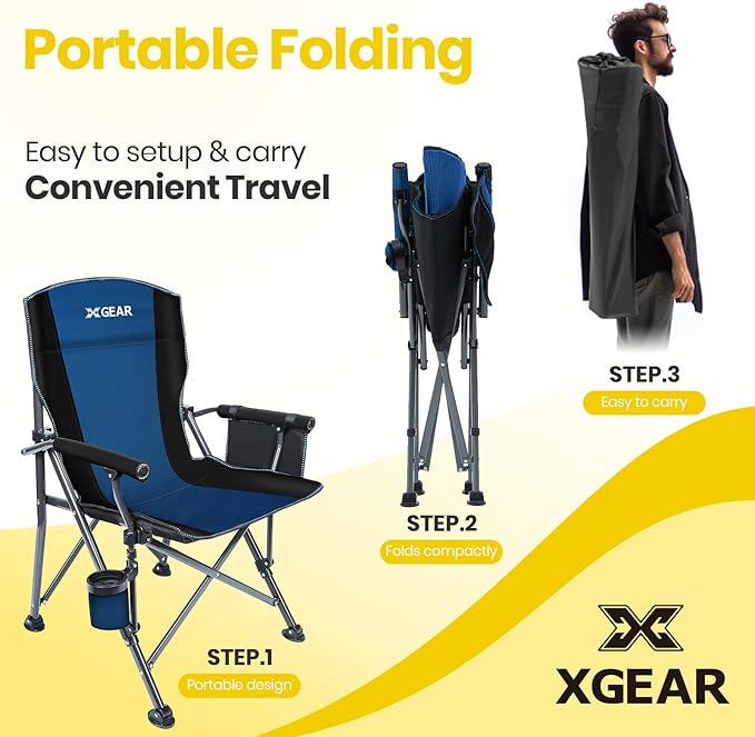 XGEAR Camping Chair with Padded Hard Armrest, Sturdy Folding Camp Chair with Cup Holder, Storage Pockets Carry Bag Included, Support to 400 lbs