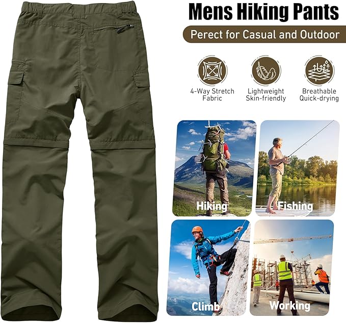 Mens Hiking Convertible Pants Quick Dry Waterproof Zip Off Lightweight Cargo Safari Fishing Work Pants Trousers with Belt
