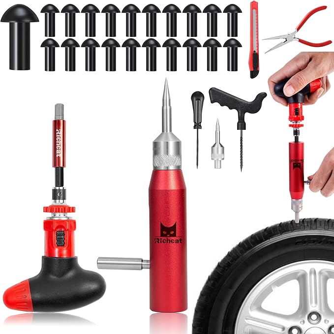Richcat Tubeless Tire Puncture Repair Kit with Mushroom Plug, Repairs punctures and Flat Tires for Motorcycles, Cars, Trucks, ATVs and Tractors