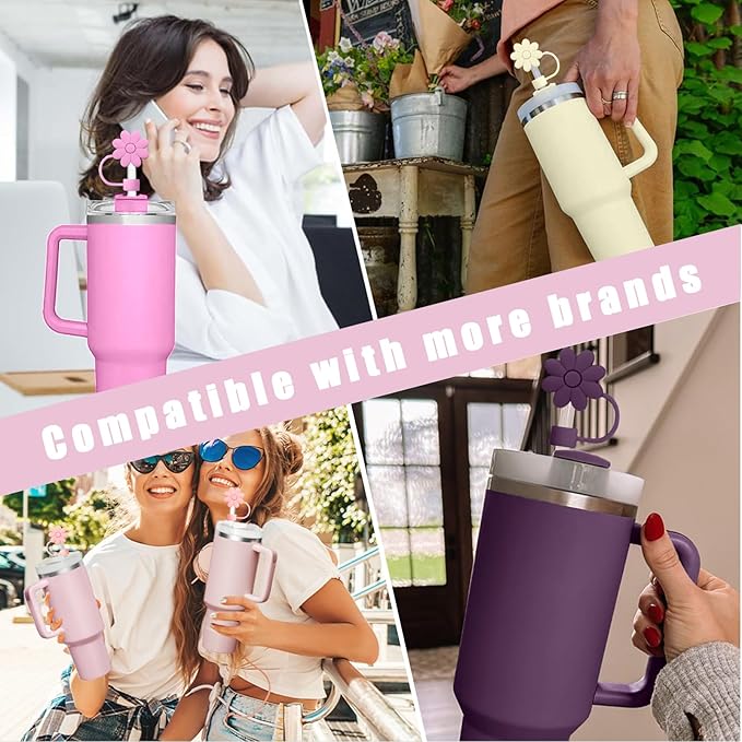 Silicone Straw Covers Toppers for Stanley Cups 30&40 Oz Tumbler Accessories 6PCS Flower Straw Caps Mixed Color Dust-Proof Reusable Straws Tips Protectors for Stanley Cup 10mm 0.4in Straws