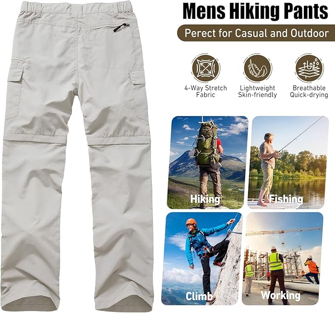 Mens Hiking Convertible Pants Quick Dry Waterproof Zip Off Lightweight Cargo Safari Fishing Work Pants Trousers with Belt