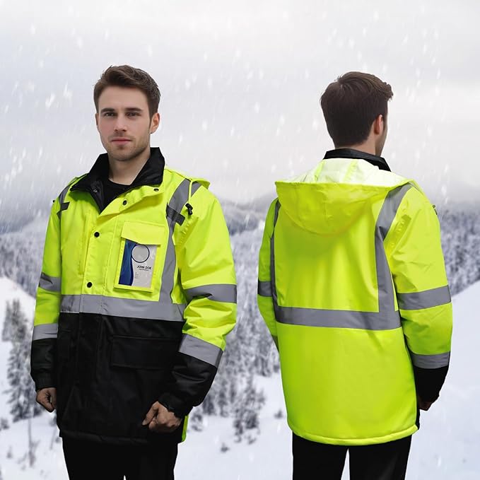 High Visibility Work Jackets, Safety Jacket with Pockets for Men& Women, Construction Coats for Cold Weather, Waterproof High Vis Rain Gear, Class 3, Yellow-Black Long, 5XL