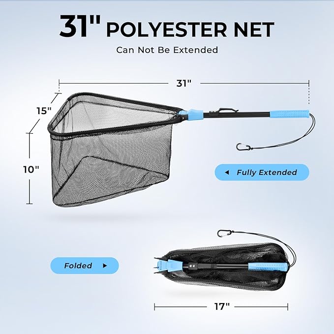 Calamus Triangle Fishing Net, Foldable, Lightweight & Strong Landing Net with Non-Slip Elastomer Handle, Built-in Elastic Lanyard and Belt Clip, Fishing Gear - Gift for Men