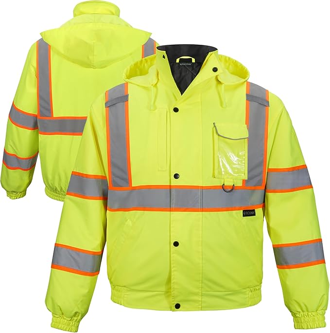 TICONN Waterproof Safety Bomber Jacket, Hi Vis Reflective Rain Jacket, ANSI Class 3 Work Rain Coat for Men Women