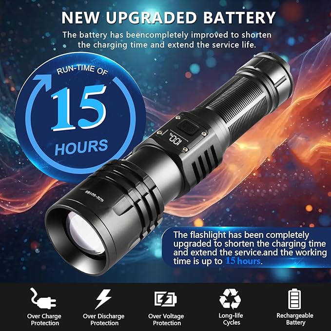 Rechargeable LED Flashlights 10000.00 High Lumens,๐๐๐๐ ๐๐๐ฐ High Powered Waterproof Tactical Flashlight Spotlight Flashlight for Home, Bright Flashlight Black for Outdoor Camping Emergency