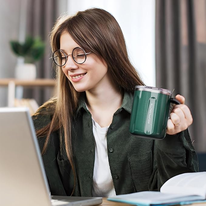 Ideus 16 oz Coffee Cup, Stainless Steel Coffee Travel Mug, Spill Proof Tea Mug with Handle and Lid, Lightweight and Durable, Great for Office Home and Outdoor Use, Deep Green-FUJI FLOW