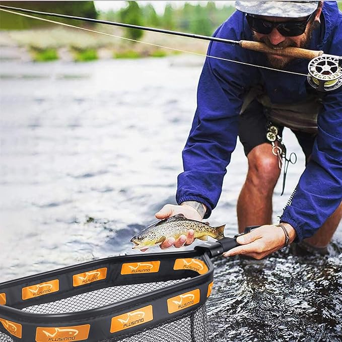 PLUSINNO Floating Fishing Net for Steelhead, Salmon, Fly, Kayak, Catfish, Bass, Trout Fishing, Rubber Coated Landing Net for Easy Catch & Release, Compact & Foldable for Easy Transportation & Storage