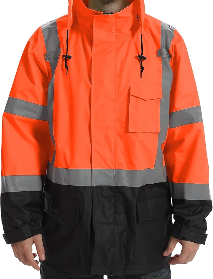 Reflective Rain jackets for men waterproof,Hi Vis Safety Coat With Reflective Strips,High Visibility Class 3 Rain jackets With 2 large pockets,Zipper,Black Bottom Orange,4XL/5XL