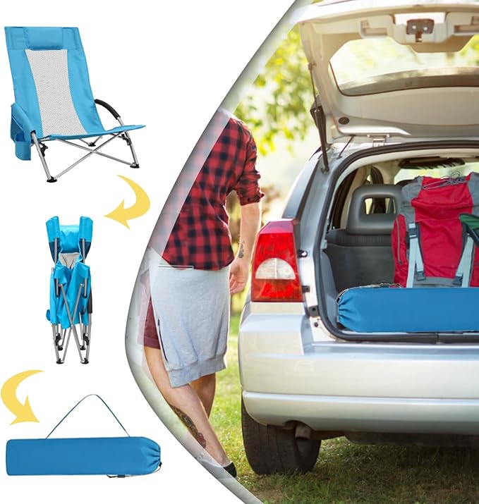 PLKO High Back Beach Chair,Protable Reclining Beach Chair,Beach Chairs for Adults 2pack with Carry Bag,Cup Holder and Padded Armrest for Beach, Travel, Picnic, Festival(Blue)