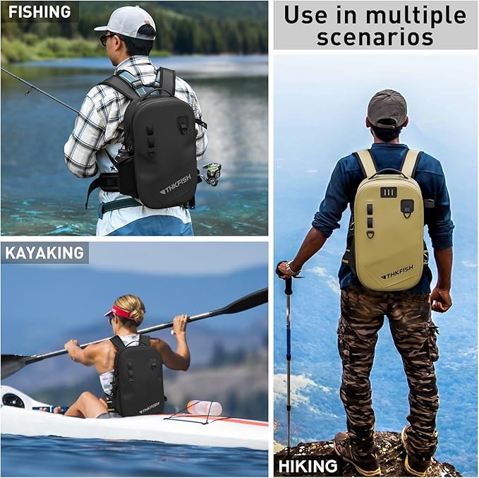 THKFISH IPX8 Waterproof Fishing Backpack with Rod Holder, Lightweight Fishing Sling Bag, Move Freely Fish Gifts for Men