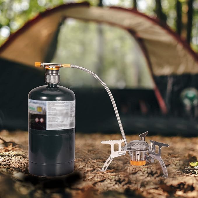 Camping Stove Adapter Propane to Butane Adapter 1 Lb Propane Tank Input EN417 Lindal Valve Output w/Butane Canister Nozzle Input EN417 Lindal Screw Cartridge Output Gas Converter LPG Canister Adapter