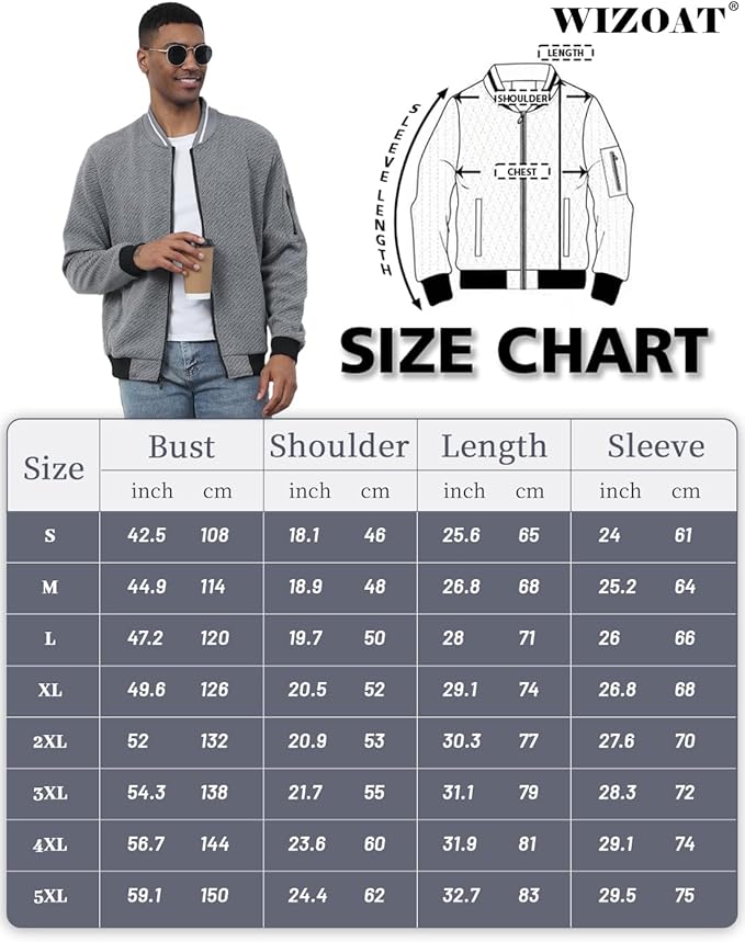 Mens Casual Jacket Loose Fit Lightweight Jacket Varsity Bomber Jacket with Zipper