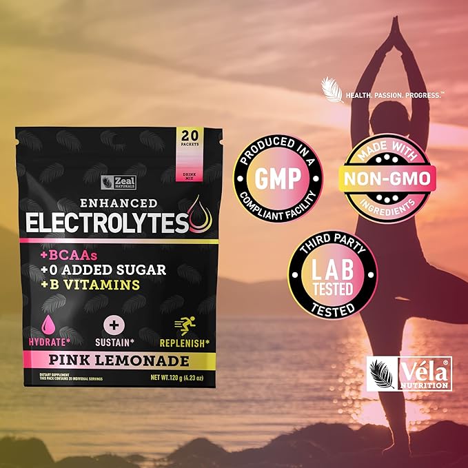 Zeal Naturals Enhanced Electrolyte Powder Stick Packs (Pink Lemonade - 20 Packets) Sugar Free + BCAA B-Vitamins & Pink Himalayan Salt - Keto Electrolytes, Hydration Powder