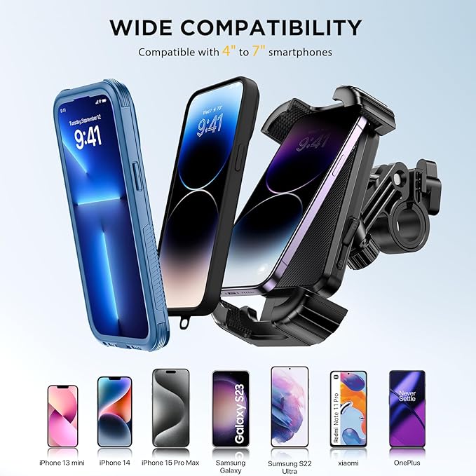 Miracase Bike Phone Holder, Silicone Wrapped Anti Shake Bicycle Phone Mount, Handlebar Clamp Cell Phone Holder for Bike, Scooter Motorcycle Phone Mount Accessories for iPhone Smartphone