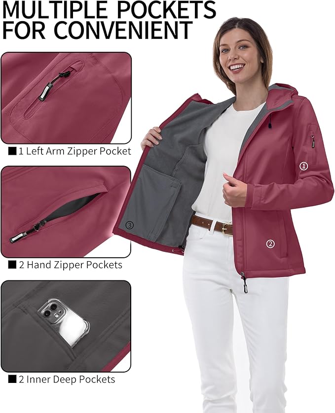 Outdoor Ventures Women's Softshell Jacket with Hood Fleece Lined Warm Lightweight Waterproof Insulated Windbreaker