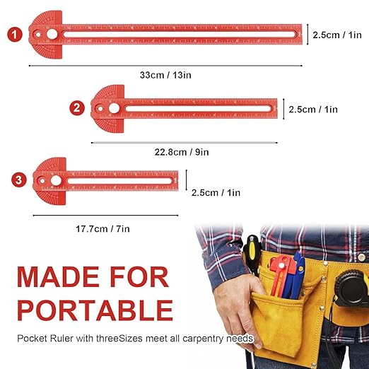 Woodworking Ruler, Adjustable Mark Angle & Straight line Scribe, Precision Pocket Ruler Metal Metric & Inch Portable Slide Rule Woodworking Tool T Square with Protractor Angle Finder (red in 3pcs)