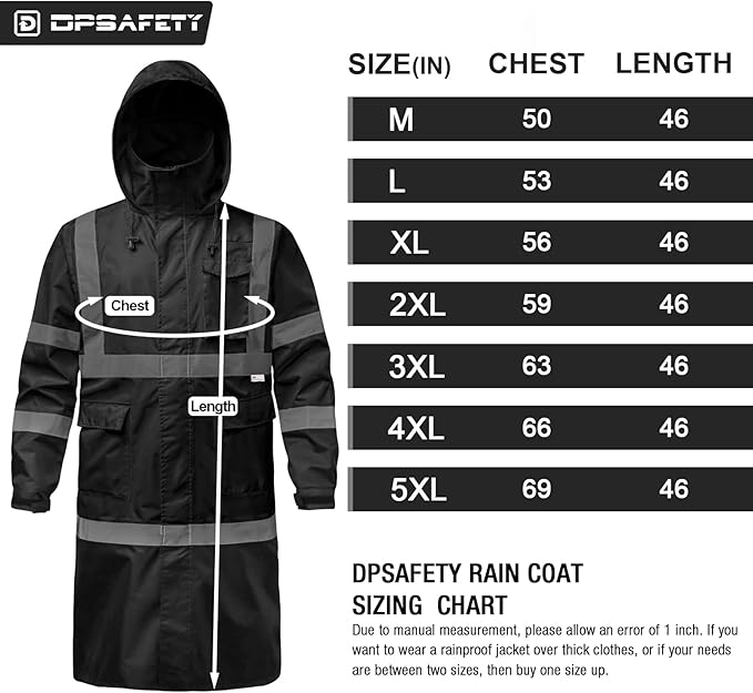 Hi Vis Rain Jacket with 3M Reflective Stripe,High Visibility Class 3 Rain coats,Safety Waterproof Rain Suits for Men with Hood and 2 Large Pockets construction work rain gear(Black 6XL)