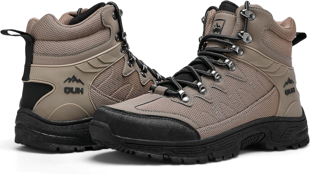 QUH Men's Outdoor Hiking Shoes Breathable Waterproof Non-Slip Mid-Cut Sports Shoes for Fitness, Outdoor Camping, Walking