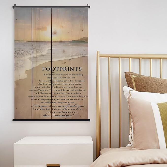 Footprints in the Sand Religious Canvas Wall Art Posters, Inspirational Beach Sunset Poem Print Poster (Black Axis 24x36inch, Footprints(1))