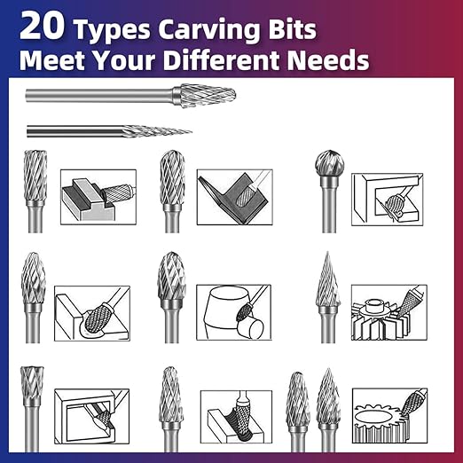 Carbide Burr Set 1/8" Inch Shank(3mm)Diameter,20PC Tungsten Double Cut Rotary Die Grinder Bits- Cutting Burrs for Aluminum Metal Wood Carving, Engraving,Polishing,Drilling