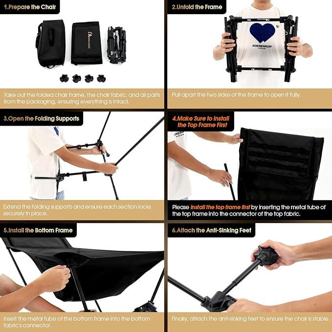 MOON LENCE Oversized Camping Chair with Pillow for Adults, Height Adjustable High-Back Folding Camping Chair with 400 lbs Capacity, Hidden Pillow Pocket for Camping, Hiking, Picnics, Black