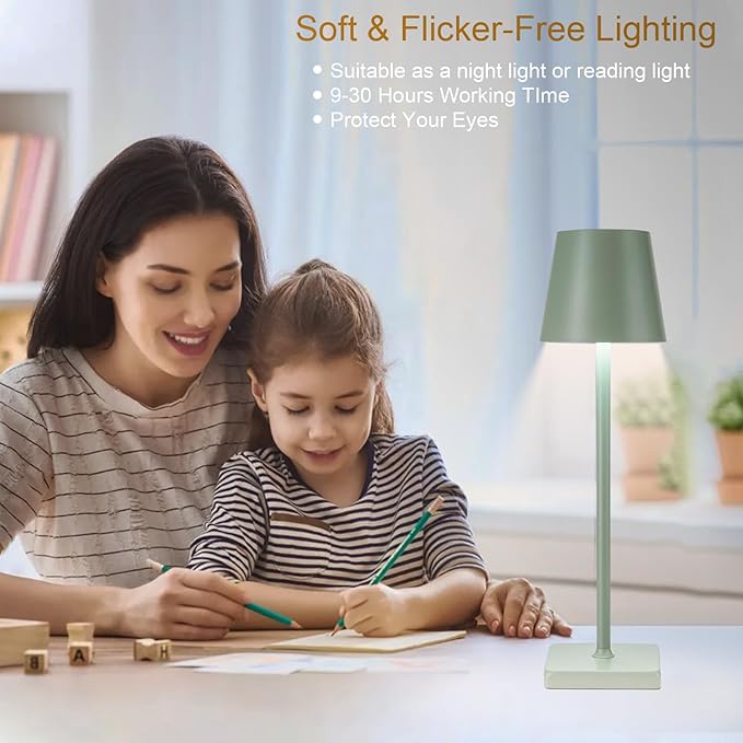 2 Pack Rechargeable Cordless Table Lamps, 5200mAh Battery Touch Table Light, Aluminum Shell Stepless Dimmable Portable LED Desk Lamp for Dinner/Restaurant/Outdoor Green