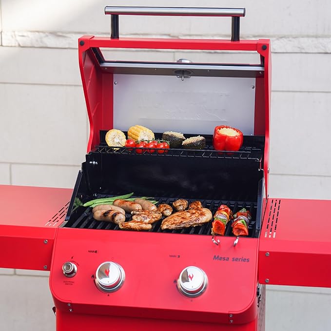 Monument Grills 2-Burner Stainless Steel Liquid Propane Gas Patio Garden Barbecue Grill with Clearview® Lid, Knob Control and Two Foldable Shelves Mesa200R, Red