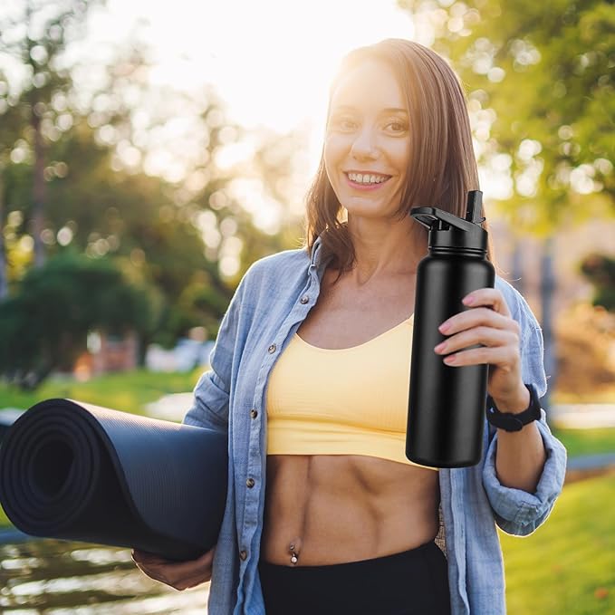 DOMICARE 40 oz Insulated Water Bottle Bulk, Vacuum Insulated Stainless Steel Sports Water Bottle with Straw Lid & Spout Lid, Leakproof, Reusable - Travel, Camping, Bike, Black (4 Pack)