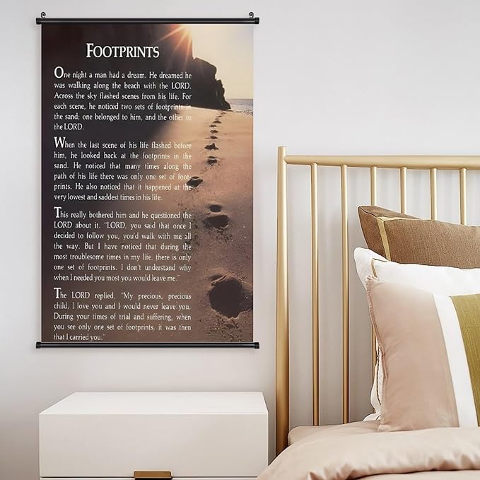 Footprints in the Sand Religious Canvas Wall Art Posters, Inspirational Beach Sunset Poem Print Poster (Black Axis 20x30inch, Footprints(7))