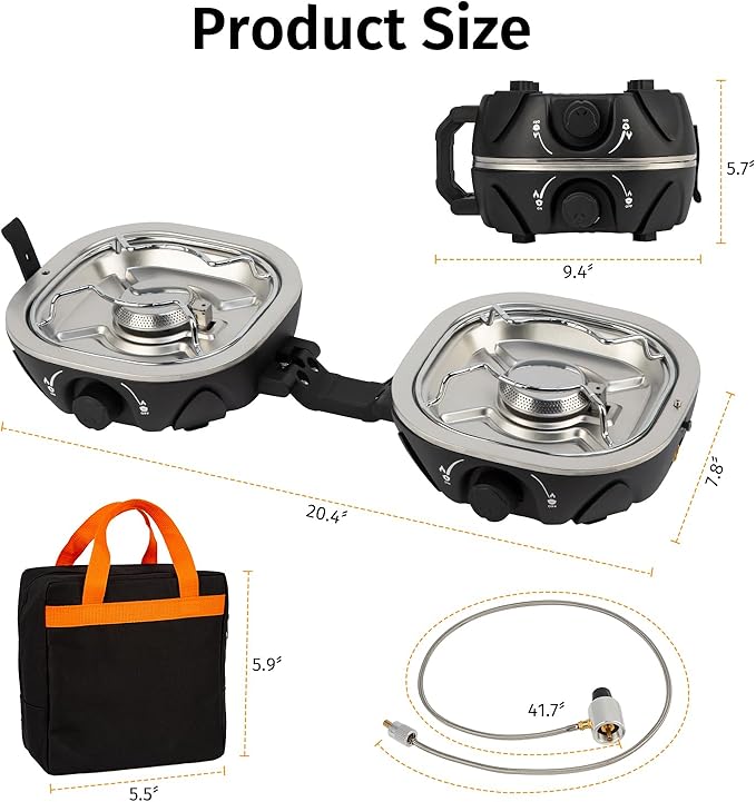 Propane Camping Stove 20,000 BTU - Portable 2 Burner Gas Stove with Adjustable Flame Control, Piezo Ignition, Carry Bag & Propane Adapter Hose, Folding Design for Camp, BBQ, Tailgating, Black