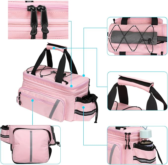 MOSISO Bike Rack Bag with Rain Cover, Bike Trunk Cooler Handag Insulated Bicycle Rear Seat Pouch with 2 Side Foldable Panniers, 8L Cycling Backseat Storage Cargo Saddle Shoulder Bag, Pink
