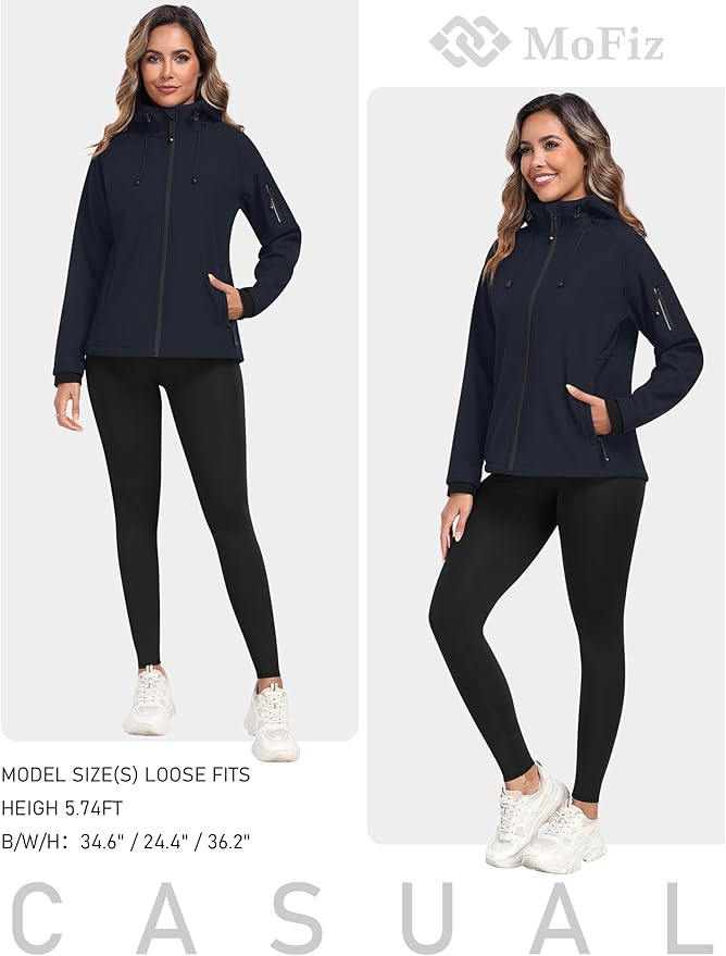 MoFiz Women's Fleece Lined Softshell Jacket Hooded Windproof Lightweight Insulated Jacket Full Zip Warm Coat