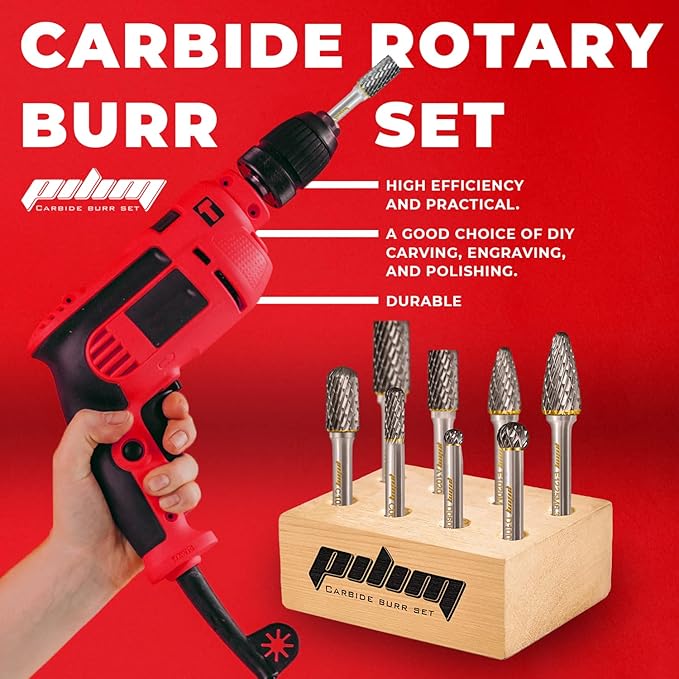 Tungsten Carbide Burr Set 1/4" Shank 8PC Double Cut Rotary Cutting Burrs Die Grinder Bits for Steel and Wood Working, Grinding, Carving, and Engraving
