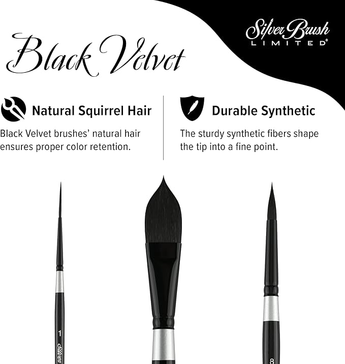 Silver Brush Limited WC-3000S Black Velvet Master Watercolor Set, Set of 3, Size 3/4 Inch Oval Wash, Size 8 Round, and Size 1 Script Liner Paintbrushes, Short Handle