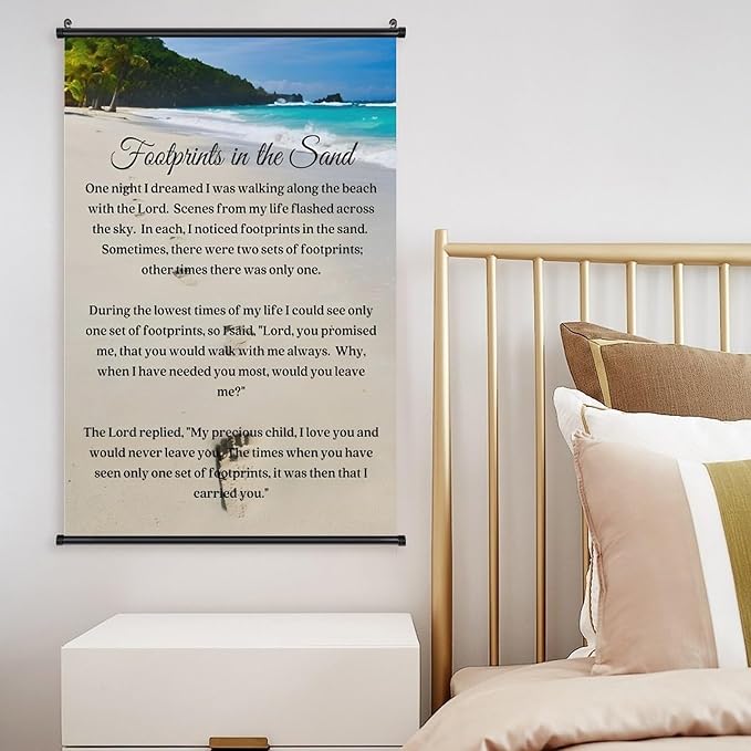 Footprints in the Sand Religious Canvas Wall Art Posters, Inspirational Beach Sunset Poem Print Poster (Black Axis 20x30inch, Footprints(4))