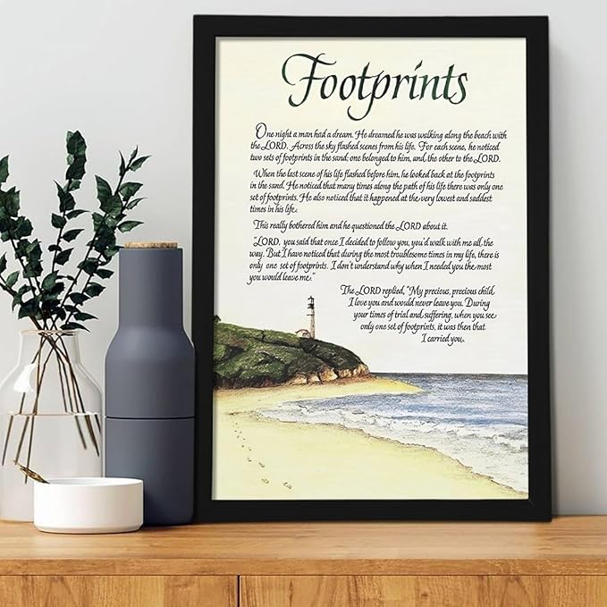 Footprints in the Sand Religious Canvas Wall Art Posters, Inspirational Beach Sunset Poem Print Poster (Black Framed 16x24inch, Footprints(5))