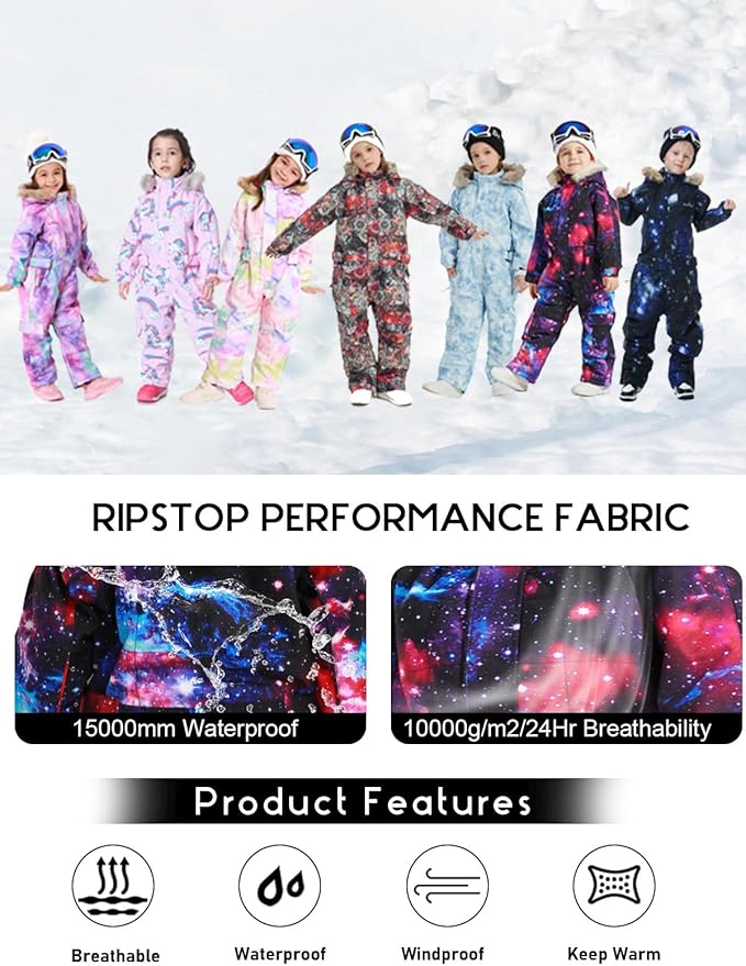 Kids Girls Boys Waterproof Colorful One Piece Snowsuits Coveralls Ski Suits Jackets Winter Jumpsuits