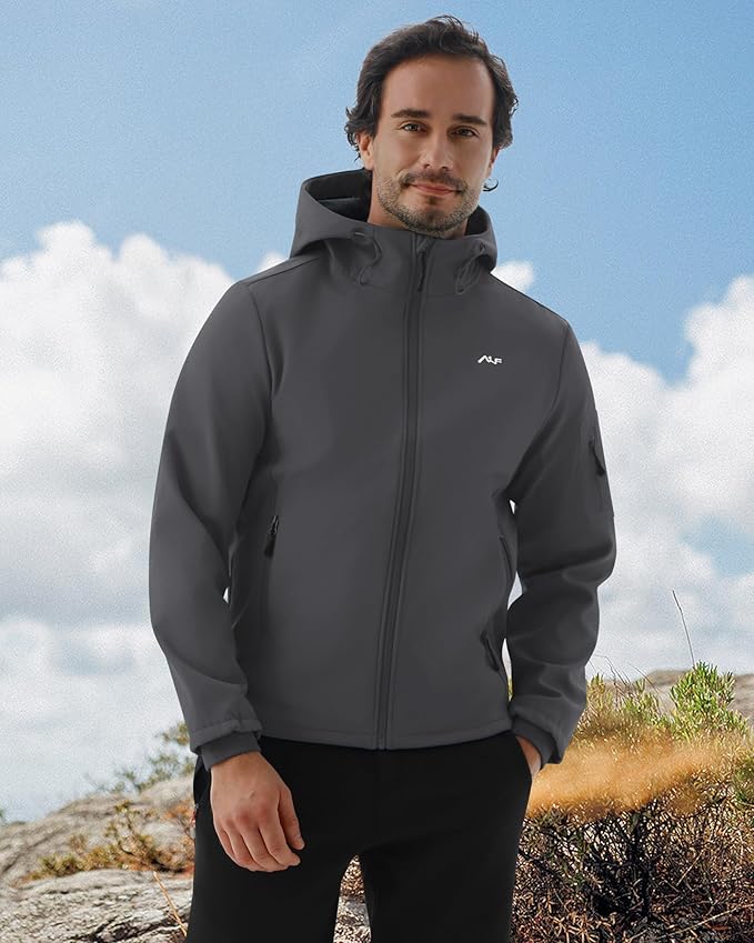 WULFUL Men's Lightweight Softshell Jacket Warm Fleece Lined Windbreaker Waterproof Soft Shell for Outdoor Hiking