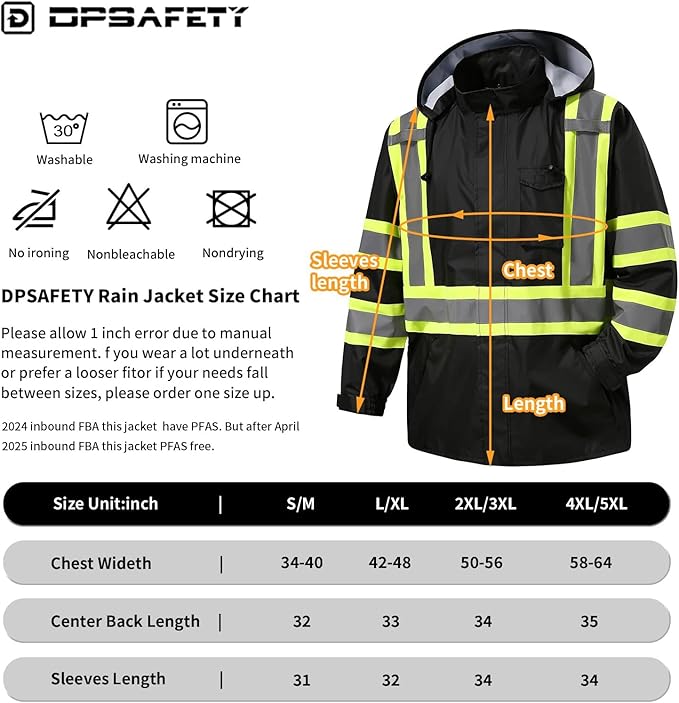 Reflective Rain jackets for men waterproof,Hi Vis Safety Coat With Reflective Strips,High Visibility Class 3 Rain jackets With 2 large pockets,Zipper,Black,2XL/3XL