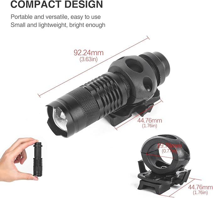 Helmet Light, Mini Zoomable Tactical Flashlight with Strobe/Strong/Low Lamp, Compact Helmet Mounted LED with Fast Helmet Clip Rail, 100 Lumens for Outdoor Cycling Hiking