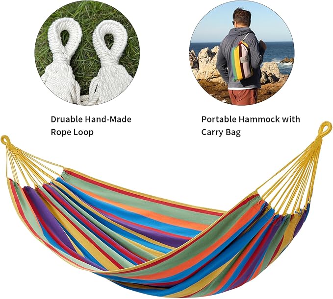 Brazilian Double Hammock with Tree Straps,Extra Large 94x63IN,2 Persons Hammock for Backyard Patio Outdoor and Indoor,450lbs Weight Capacity,Soft Woven Cotton Fabric - Tropical