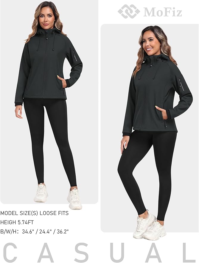 MoFiz Women's Fleece Lined Softshell Jacket Hooded Windproof Lightweight Insulated Jacket Full Zip Warm Coat