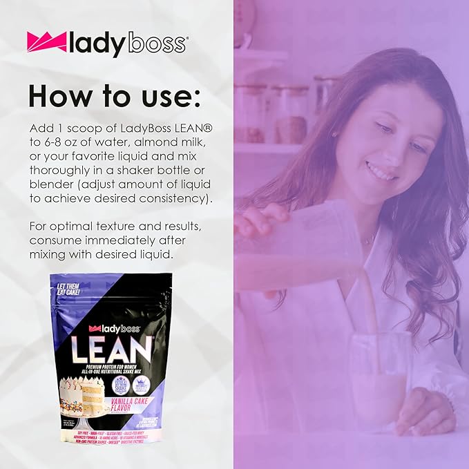 LadyBoss Lean Protein Shake Vanilla Cake Flavor - Meal Replacement & Craving Support with Grass-Fed Whey, 18 Vitamins & Nutrients - 30 Servings