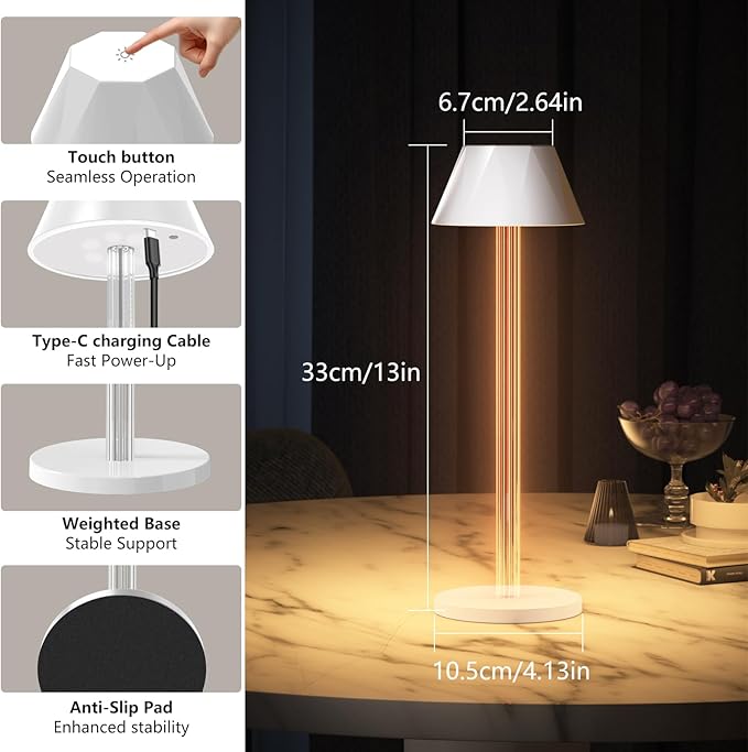 Rechargeable Table Lamps, Cordless Lamp with 6000mAh Battery Operated 3 Color Stepless Dimming Up, Portable Indoor/Outdoor Table Lamp for Patio Restaurant Home Dinner Dining Kitchen, Waterproof