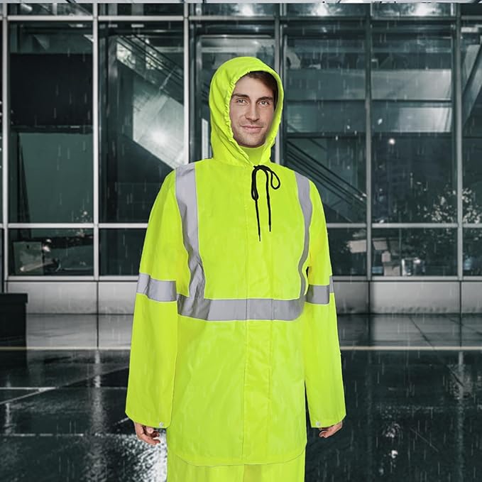 High Visibility Rain Suit - Waterproof Jacket and Pants with Hood, Class 3 Lightweight Hi Vis Rain Gear for Outdoor & Safety Work, Men Women, Yellow B, L-XL