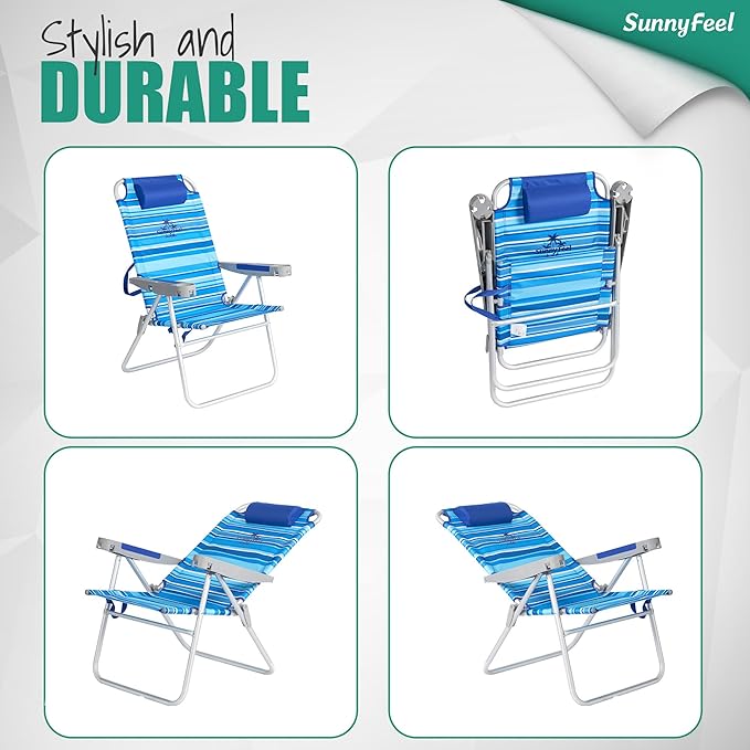 SUNNYFEEL 17" Tall Oversized Beach Chairs 2 Pack for Adults Heavy Duty 500 LBS, 5 Position, Portable High Folding Camping Chair with Cup Holder for Outdoor/Lawn/Trip, Foldable Sand Chairs for Adults