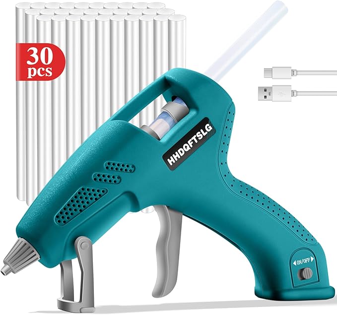Cordless Hot Glue Gun with 30 Premium Glue Sticks, 20W Cordless Glue Gun, 90s Fast Preheating, 2600mAh Type-C Rechargeable for School Craft Arts, DIY, Home Repairs & Gift Making